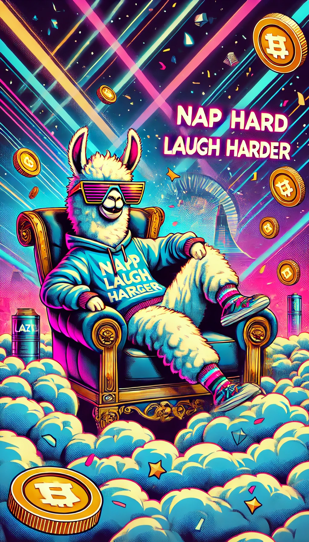 A relaxed llama lounging on a cloud with a cheeky smile