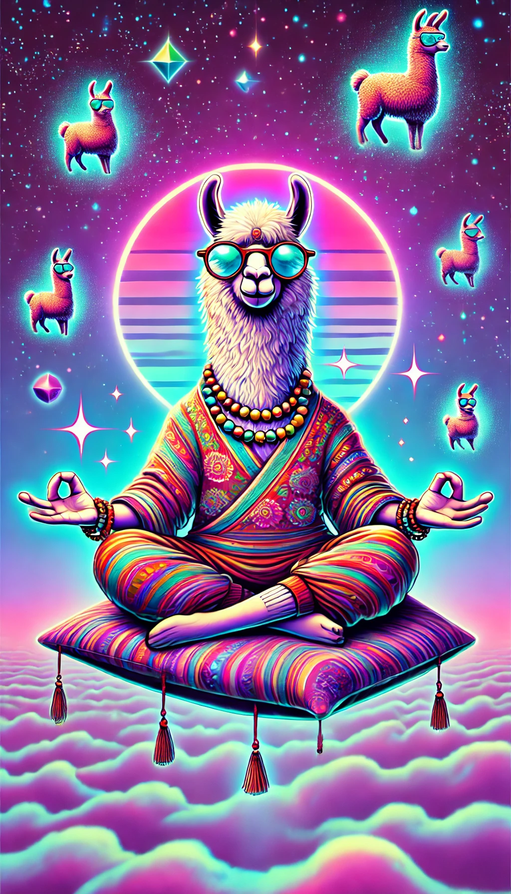 Llama depicted as a relaxed guru, sipping tea
